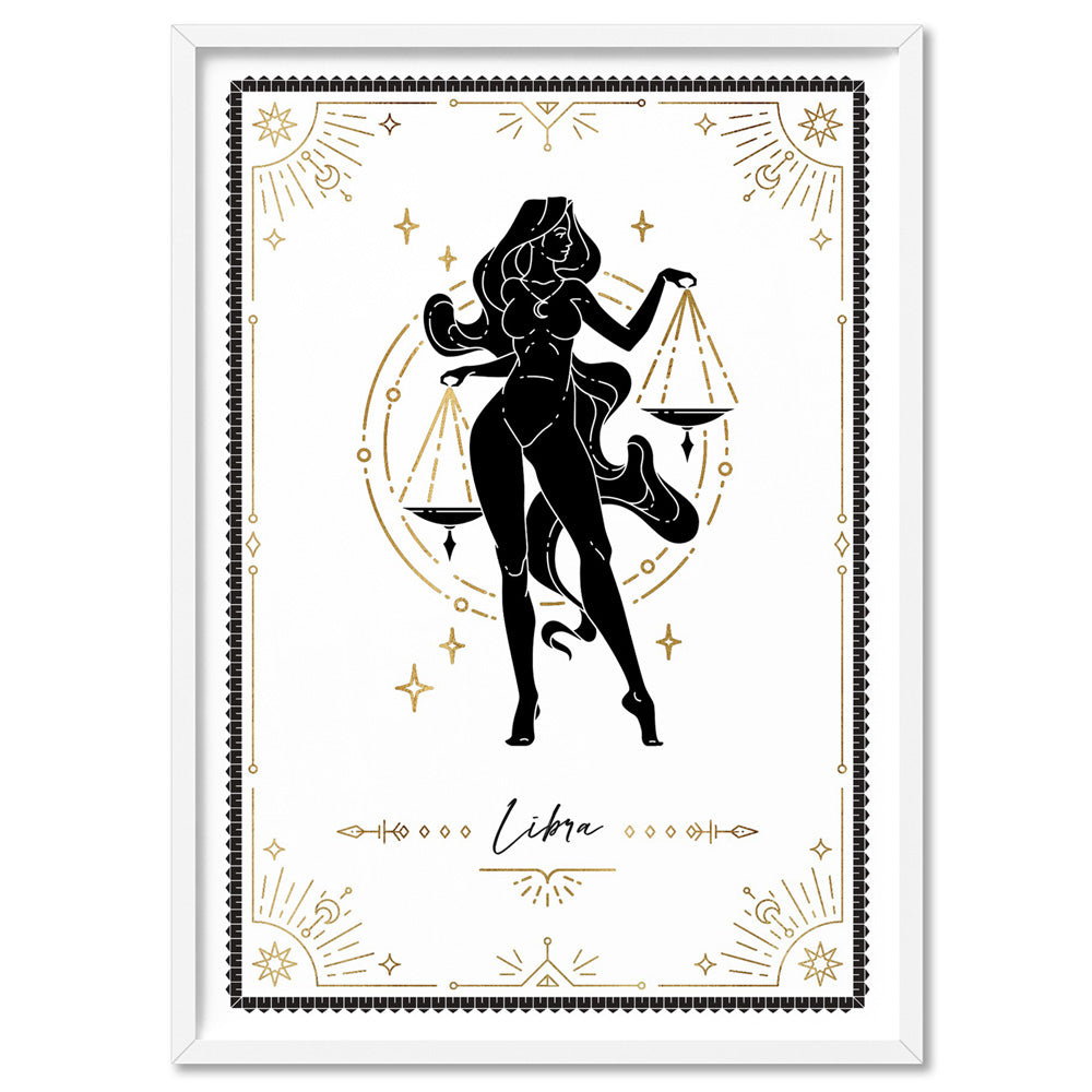 Libra Star Sign | Tarot Card Style (faux look foil) - Art Print, Poster, Stretched Canvas, or Framed Wall Art Print, shown in a white frame