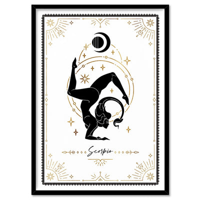 Scorpio Star Sign | Tarot Card Style (faux look foil) - Art Print, Poster, Stretched Canvas, or Framed Wall Art Print, shown in a black frame