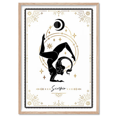 Scorpio Star Sign | Tarot Card Style (faux look foil) - Art Print, Poster, Stretched Canvas, or Framed Wall Art Print, shown in a natural timber frame