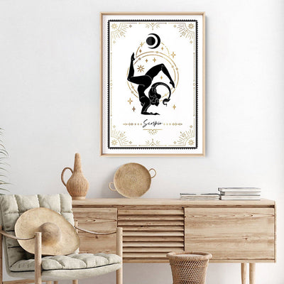 Scorpio Star Sign | Tarot Card Style (faux look foil) - Art Print, Poster, Stretched Canvas or Framed Wall Art, shown framed in a room