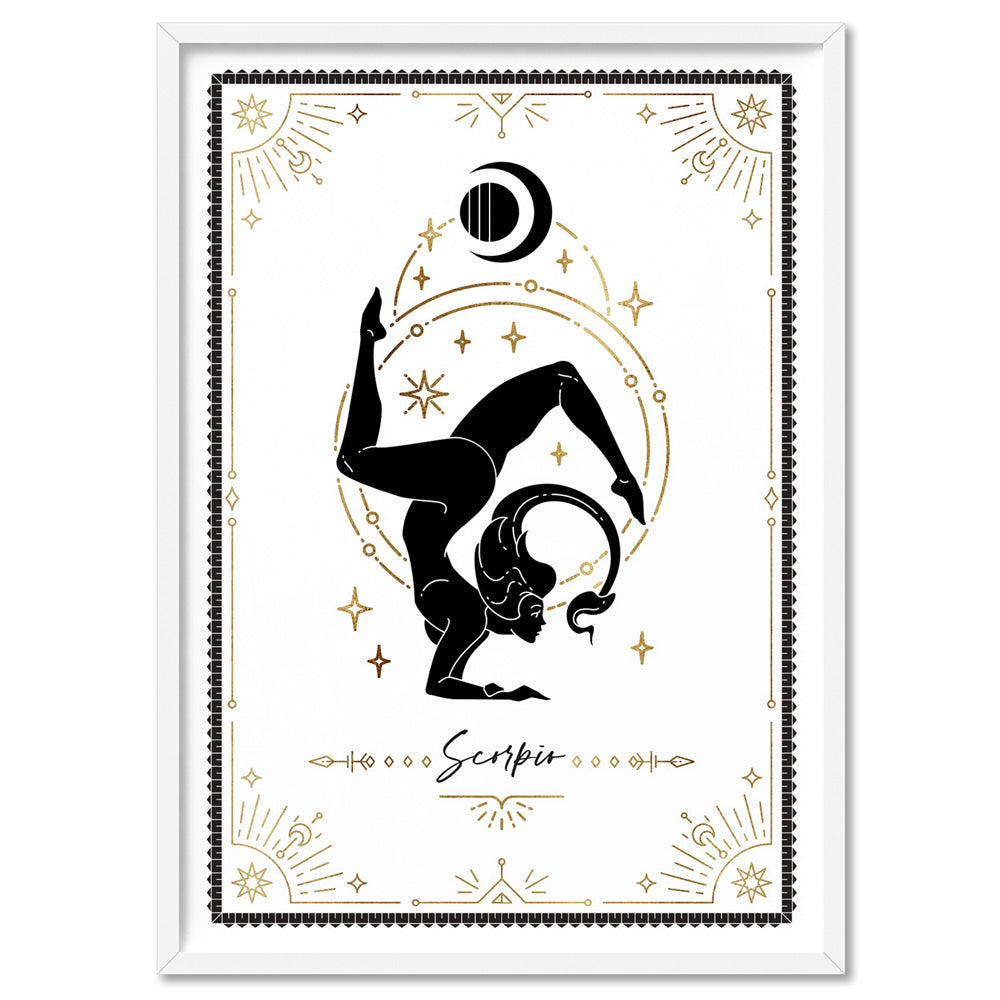 Scorpio Star Sign | Tarot Card Style (faux look foil) - Art Print, Poster, Stretched Canvas, or Framed Wall Art Print, shown in a white frame