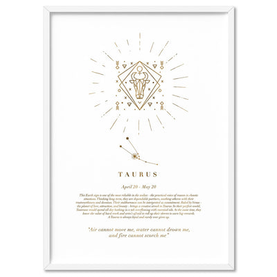 Taurus Star Sign | Celestial Boho (faux look foil) - Art Print, Poster, Stretched Canvas, or Framed Wall Art Print, shown in a white frame