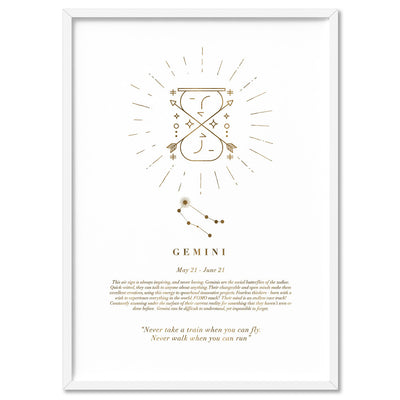Gemini Star Sign | Celestial Boho (faux look foil) - Art Print, Poster, Stretched Canvas, or Framed Wall Art Print, shown in a white frame
