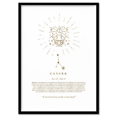 Cancer Star Sign | Celestial Boho (faux look foil) - Art Print, Poster, Stretched Canvas, or Framed Wall Art Print, shown in a black frame