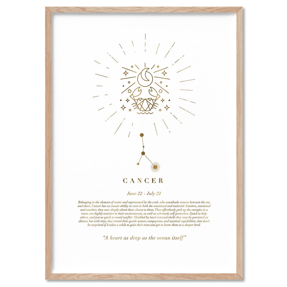 Cancer Star Sign | Celestial Boho (faux look foil) - Art Print, Poster, Stretched Canvas, or Framed Wall Art Print, shown in a natural timber frame