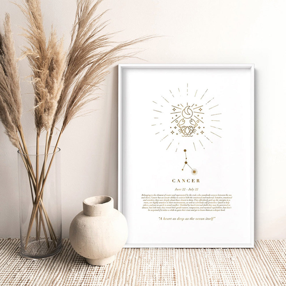 Cancer Star Sign | Celestial Boho (faux look foil) - Art Print, Poster, Stretched Canvas or Framed Wall Art, shown framed in a room