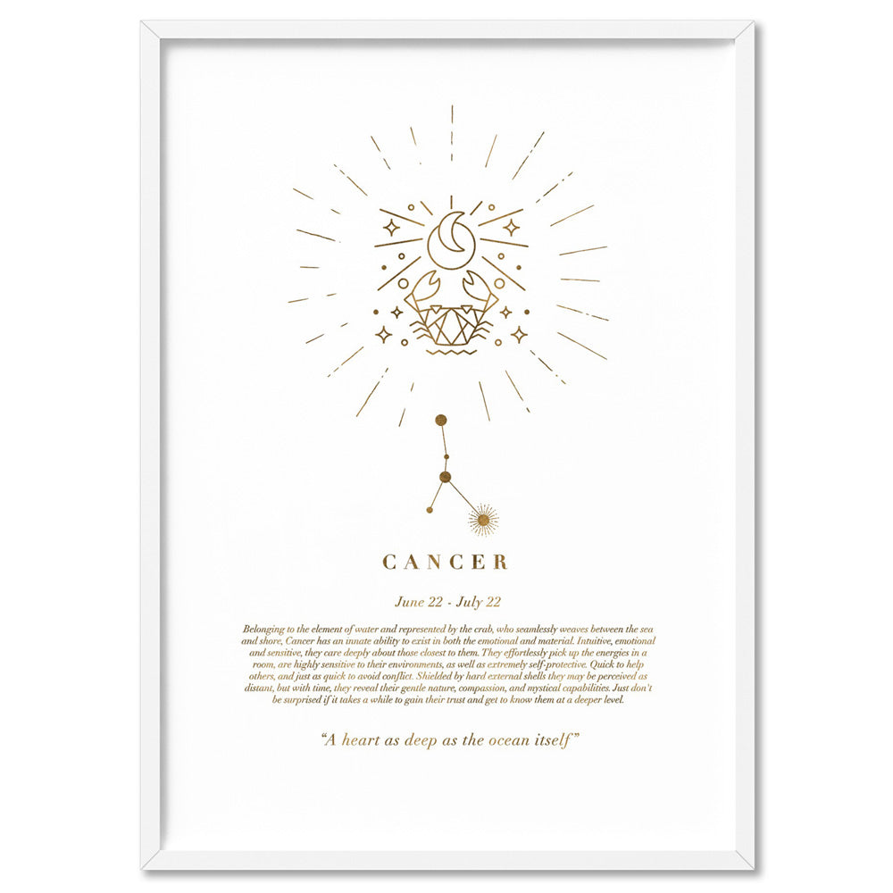 Cancer Star Sign | Celestial Boho (faux look foil) - Art Print, Poster, Stretched Canvas, or Framed Wall Art Print, shown in a white frame
