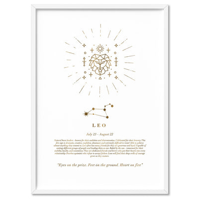 Leo Star Sign | Celestial Boho (faux look foil) - Art Print, Poster, Stretched Canvas, or Framed Wall Art Print, shown in a white frame