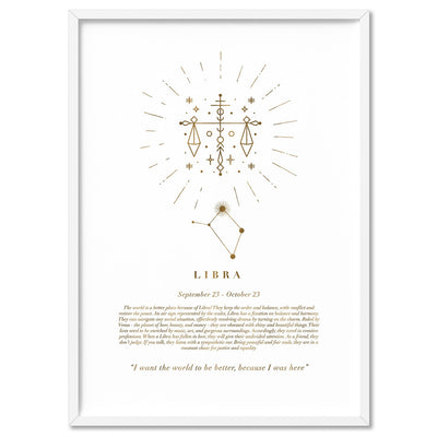 Libra Star Sign | Celestial Boho (faux look foil) - Art Print, Poster, Stretched Canvas, or Framed Wall Art Print, shown in a white frame