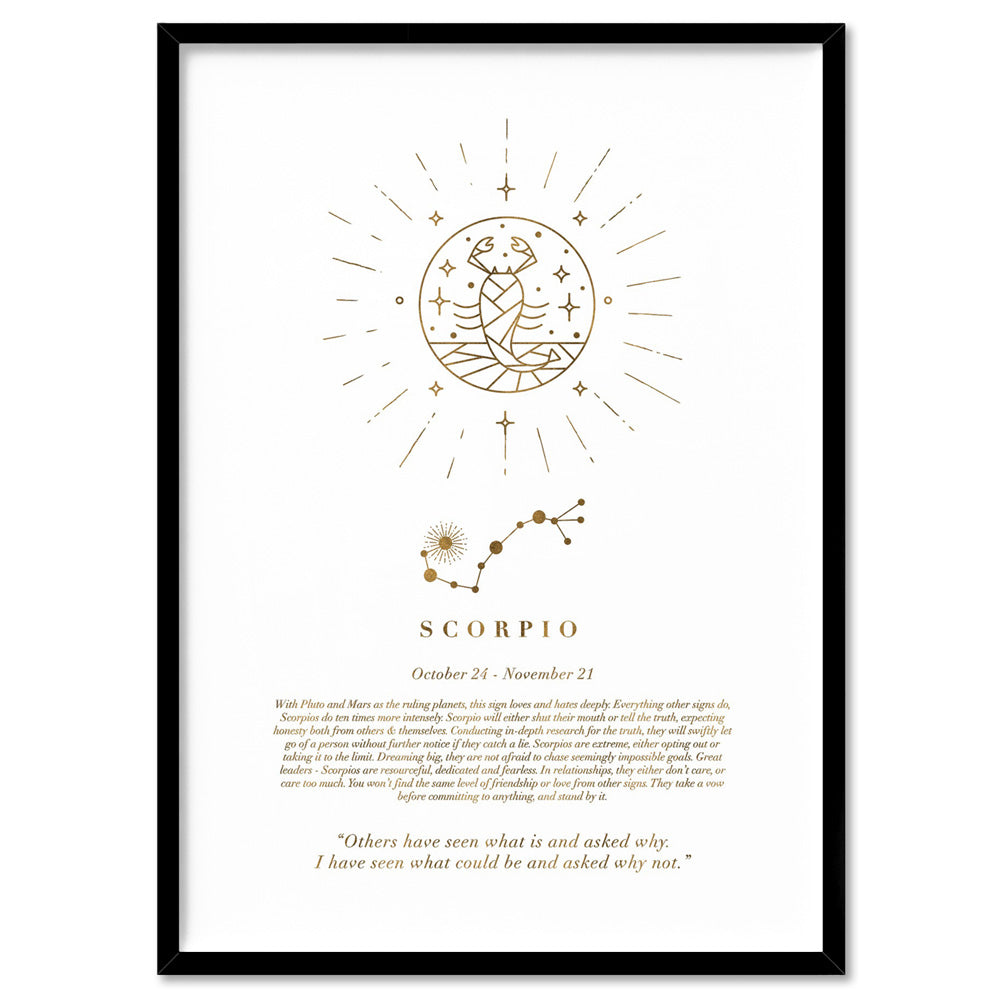 Scorpio Star Sign | Celestial Boho (faux look foil) - Art Print, Poster, Stretched Canvas, or Framed Wall Art Print, shown in a black frame