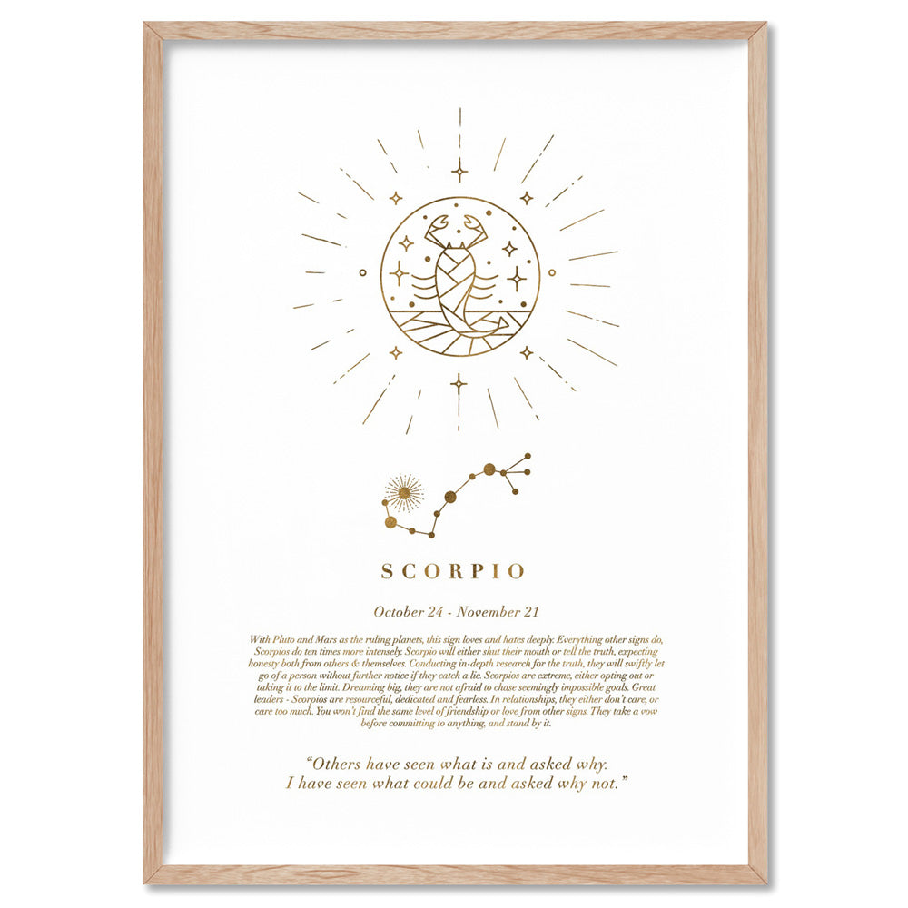 Scorpio Star Sign | Celestial Boho (faux look foil) - Art Print, Poster, Stretched Canvas, or Framed Wall Art Print, shown in a natural timber frame