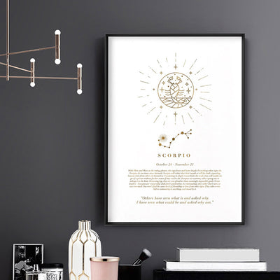 Scorpio Star Sign | Celestial Boho (faux look foil) - Art Print, Poster, Stretched Canvas or Framed Wall Art, shown framed in a room