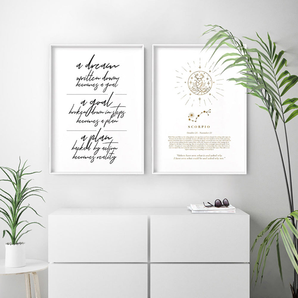 Scorpio Star Sign | Celestial Boho (faux look foil) - Art Print, Poster, Stretched Canvas or Framed Wall Art, shown framed in a home interior space
