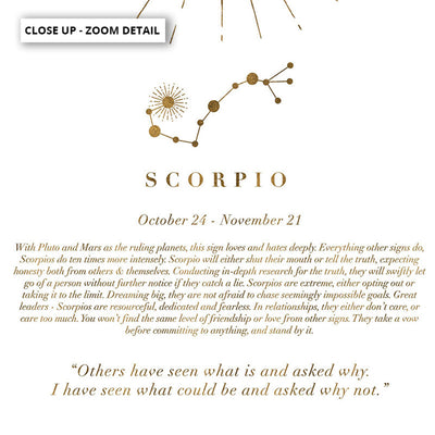 Scorpio Star Sign | Celestial Boho (faux look foil) - Art Print, Poster, Stretched Canvas or Framed Wall Art, Close up View of Print Resolution