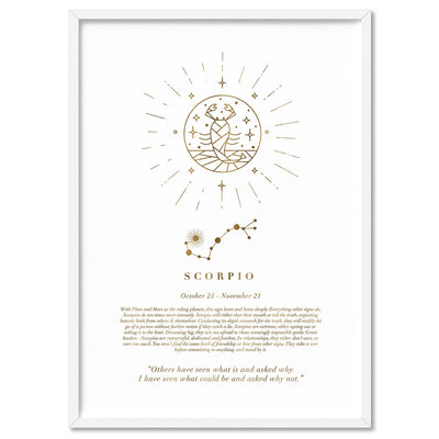 Scorpio Star Sign | Celestial Boho (faux look foil) - Art Print, Poster, Stretched Canvas, or Framed Wall Art Print, shown in a white frame