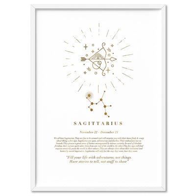 Sagittarius Star Sign | Celestial Boho (faux look foil) - Art Print, Poster, Stretched Canvas, or Framed Wall Art Print, shown in a white frame