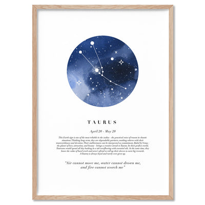 Taurus Star Sign | Watercolour Circle - Art Print, Poster, Stretched Canvas, or Framed Wall Art Print, shown in a natural timber frame