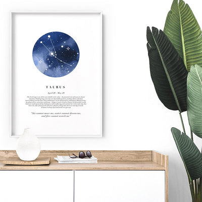 Taurus Star Sign | Watercolour Circle - Art Print, Poster, Stretched Canvas or Framed Wall Art, shown framed in a room