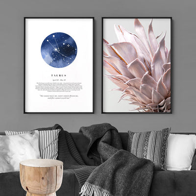 Taurus Star Sign | Watercolour Circle - Art Print, Poster, Stretched Canvas or Framed Wall Art, shown framed in a home interior space