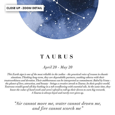 Taurus Star Sign | Watercolour Circle - Art Print, Poster, Stretched Canvas or Framed Wall Art, Close up View of Print Resolution