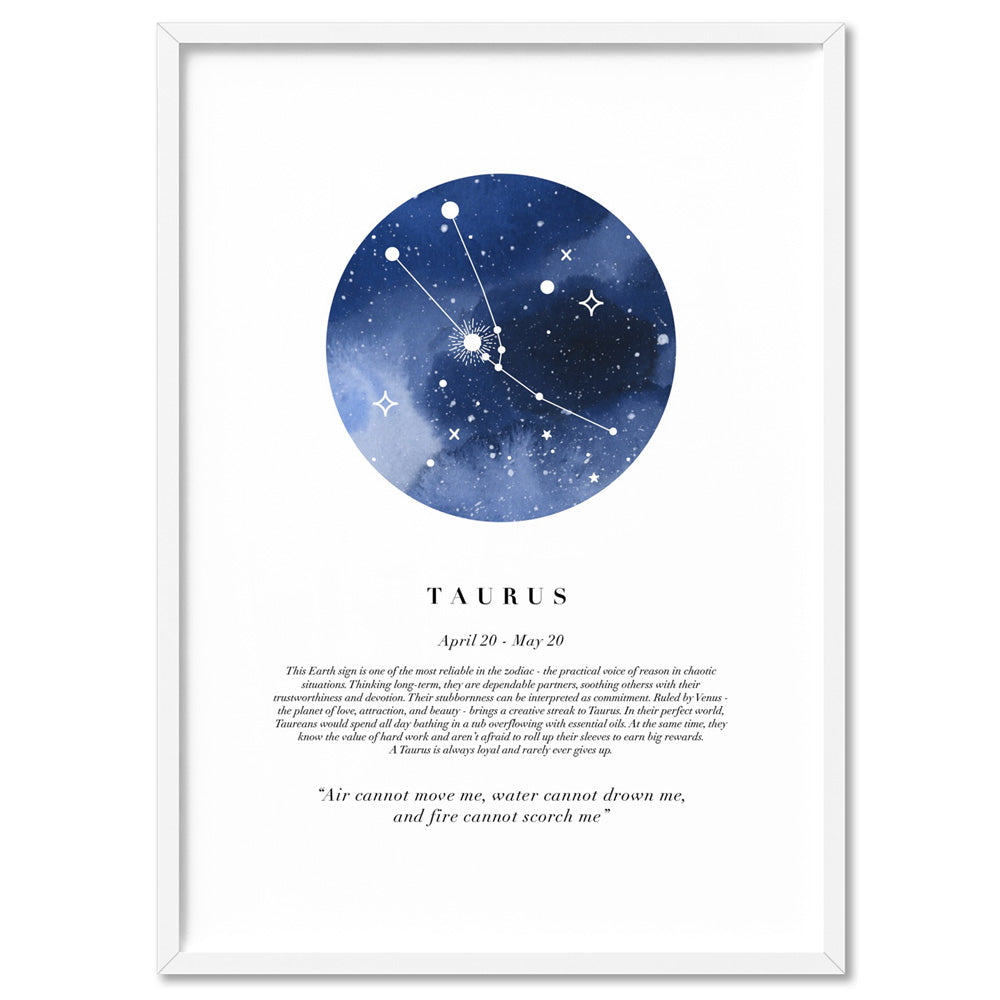 Taurus Star Sign | Watercolour Circle - Art Print, Poster, Stretched Canvas, or Framed Wall Art Print, shown in a white frame