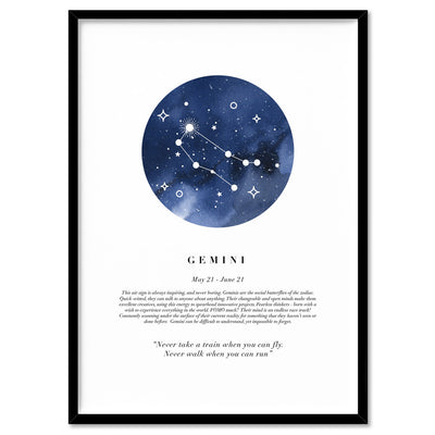 Gemini Star Sign | Watercolour Circle - Art Print, Poster, Stretched Canvas, or Framed Wall Art Print, shown in a black frame