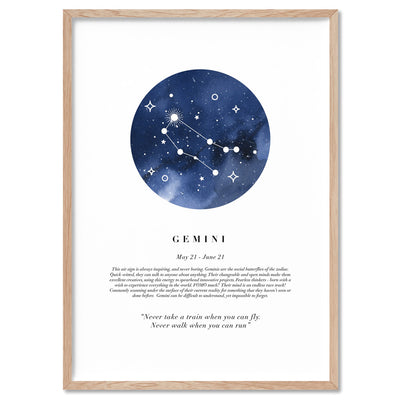 Gemini Star Sign | Watercolour Circle - Art Print, Poster, Stretched Canvas, or Framed Wall Art Print, shown in a natural timber frame