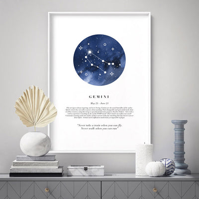 Gemini Star Sign | Watercolour Circle - Art Print, Poster, Stretched Canvas or Framed Wall Art, shown framed in a room