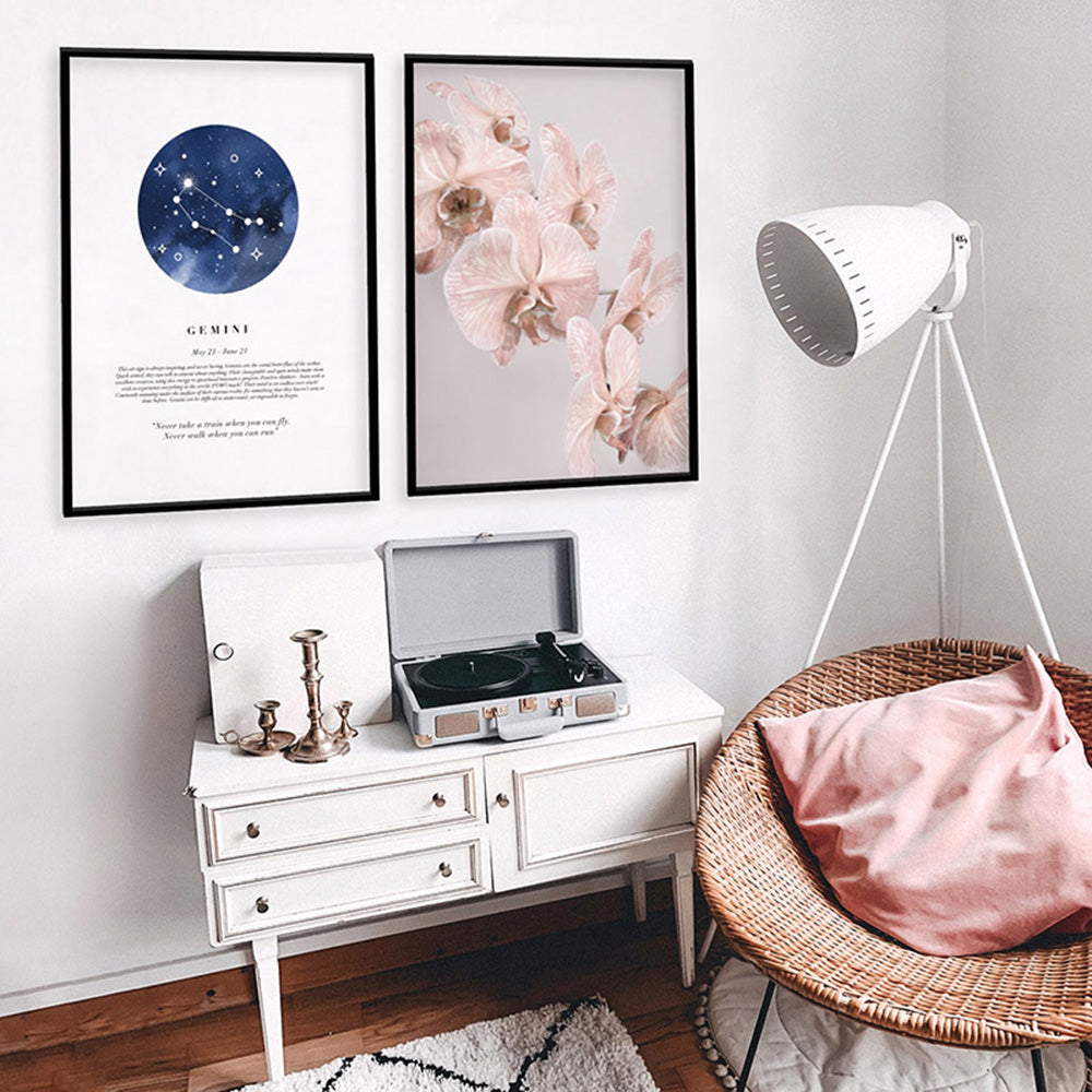 Gemini Star Sign | Watercolour Circle - Art Print, Poster, Stretched Canvas or Framed Wall Art, shown framed in a home interior space
