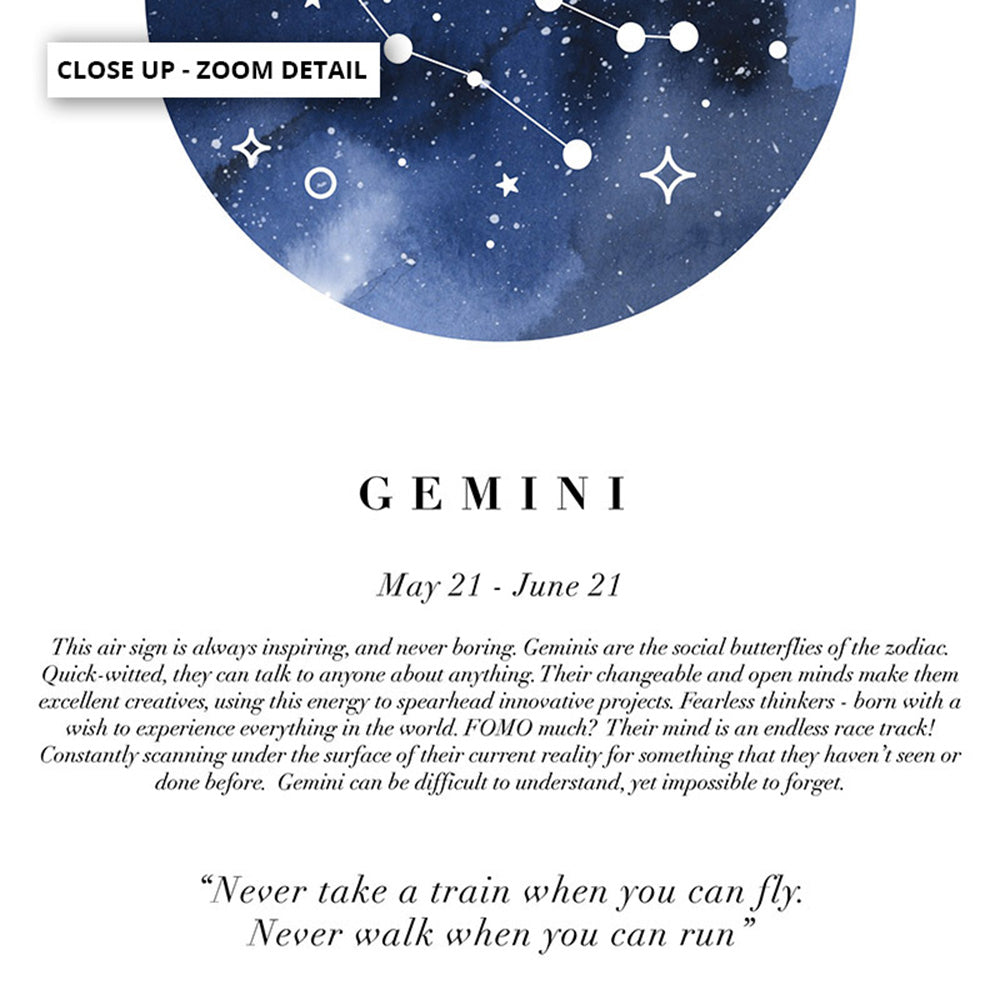 Gemini Star Sign | Watercolour Circle - Art Print, Poster, Stretched Canvas or Framed Wall Art, Close up View of Print Resolution
