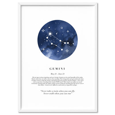 Gemini Star Sign | Watercolour Circle - Art Print, Poster, Stretched Canvas, or Framed Wall Art Print, shown in a white frame