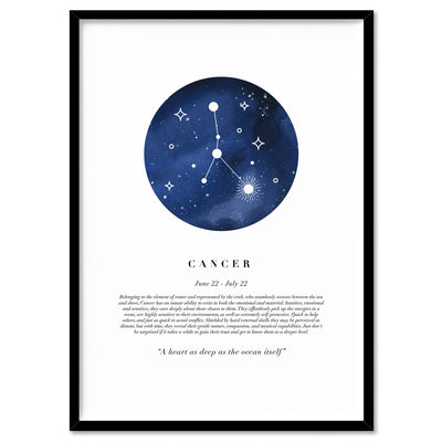 Cancer Star Sign | Watercolour Circle - Art Print, Poster, Stretched Canvas, or Framed Wall Art Print, shown in a black frame