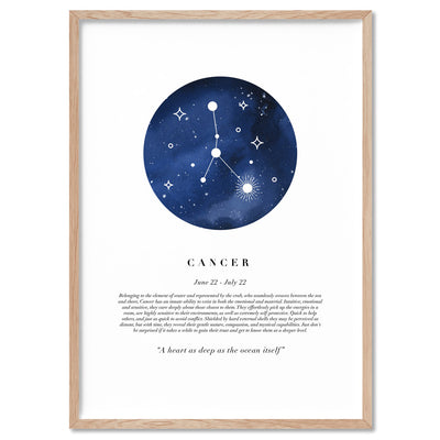 Cancer Star Sign | Watercolour Circle - Art Print, Poster, Stretched Canvas, or Framed Wall Art Print, shown in a natural timber frame