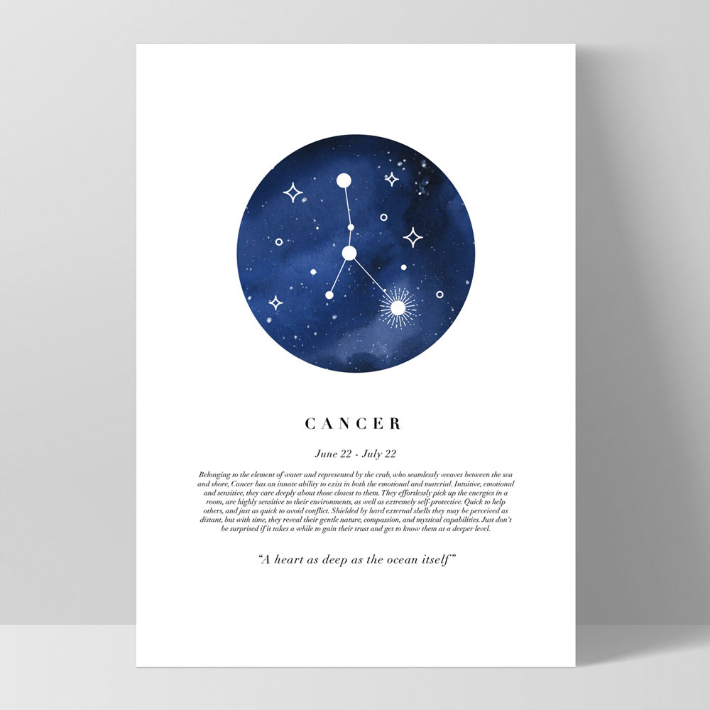 Cancer Star Sign | Watercolour Circle - Art Print, Poster, Stretched Canvas, or Framed Wall Art Print, shown as a stretched canvas or poster without a frame