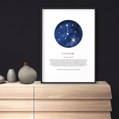 Cancer Star Sign | Watercolour Circle - Art Print, Poster, Stretched Canvas or Framed Wall Art, shown framed in a room