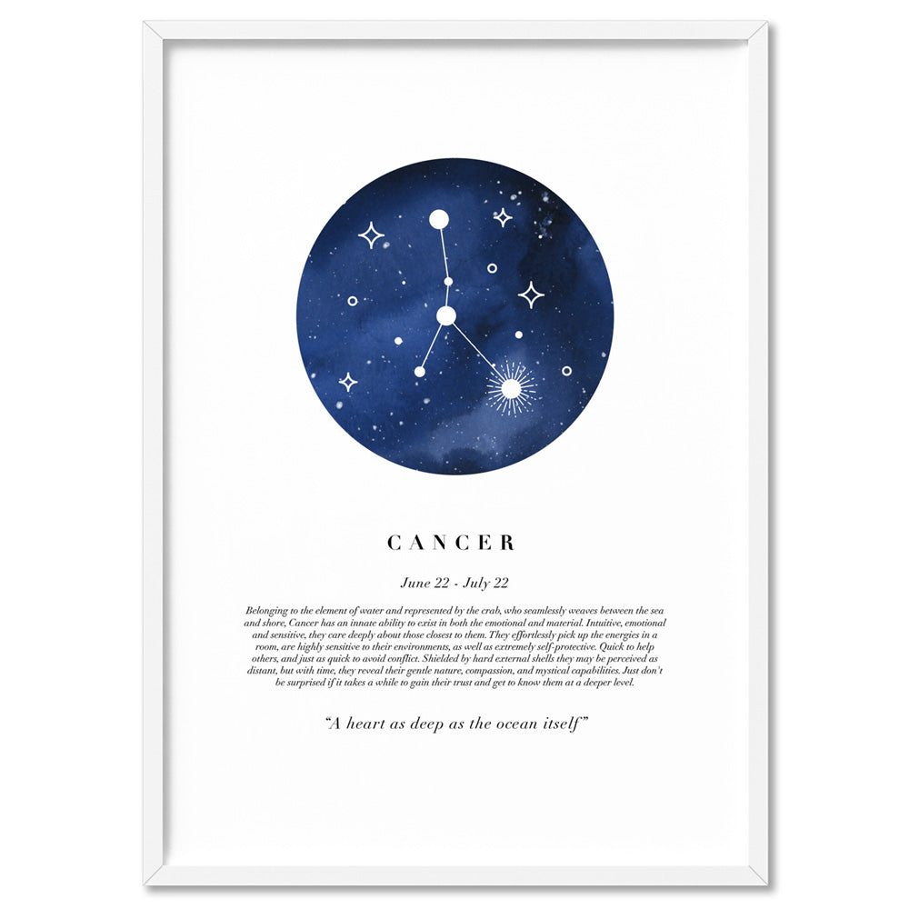 Cancer Star Sign | Watercolour Circle - Art Print, Poster, Stretched Canvas, or Framed Wall Art Print, shown in a white frame