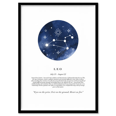 Leo Star Sign | Watercolour Circle - Art Print, Poster, Stretched Canvas, or Framed Wall Art Print, shown in a black frame