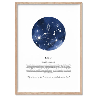Leo Star Sign | Watercolour Circle - Art Print, Poster, Stretched Canvas, or Framed Wall Art Print, shown in a natural timber frame