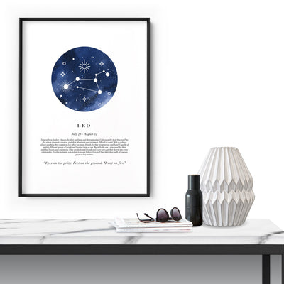 Leo Star Sign | Watercolour Circle - Art Print, Poster, Stretched Canvas or Framed Wall Art Prints, shown framed in a room