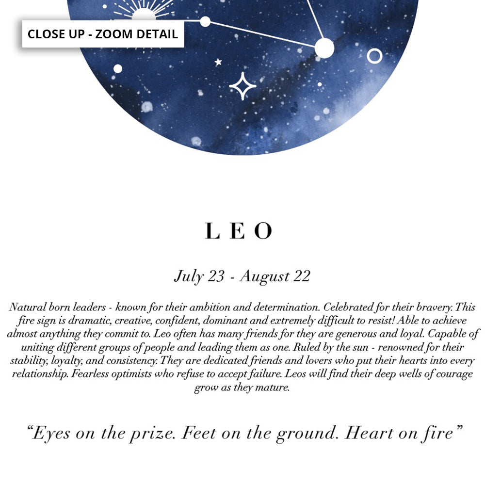 Leo Star Sign | Watercolour Circle - Art Print, Poster, Stretched Canvas or Framed Wall Art, Close up View of Print Resolution