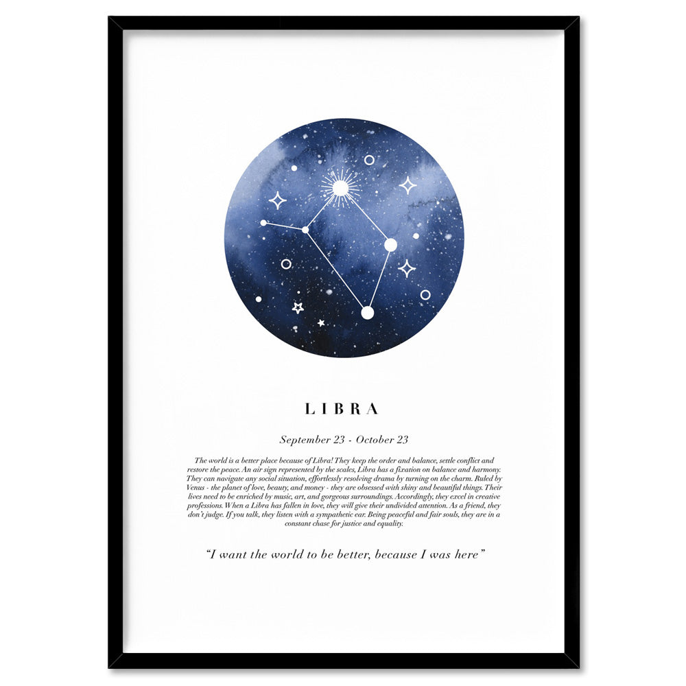 Libra Star Sign | Watercolour Circle - Art Print, Poster, Stretched Canvas, or Framed Wall Art Print, shown in a black frame