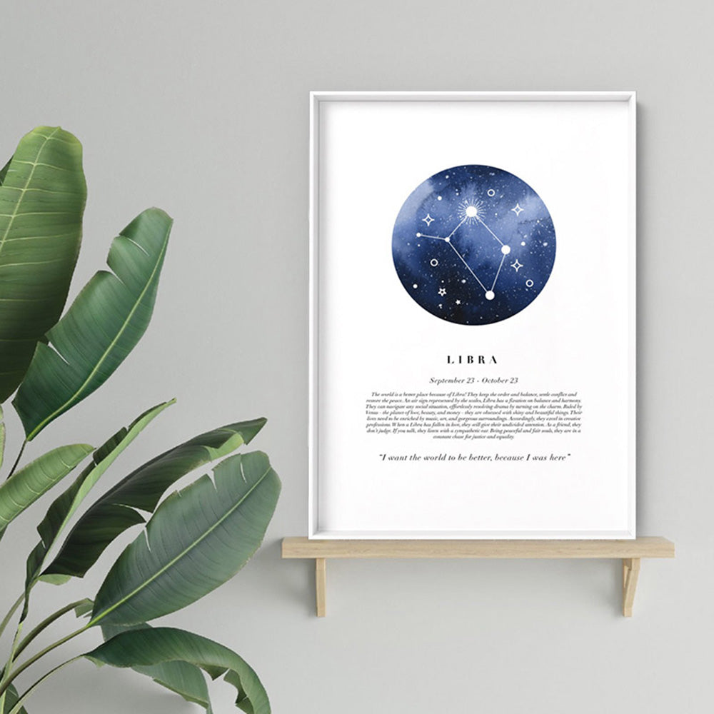 Libra Star Sign | Watercolour Circle - Art Print, Poster, Stretched Canvas or Framed Wall Art, shown framed in a room