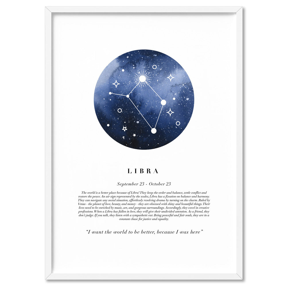 Libra Star Sign | Watercolour Circle - Art Print, Poster, Stretched Canvas, or Framed Wall Art Print, shown in a white frame