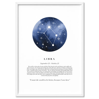 Libra Star Sign | Watercolour Circle - Art Print, Poster, Stretched Canvas, or Framed Wall Art Print, shown in a white frame