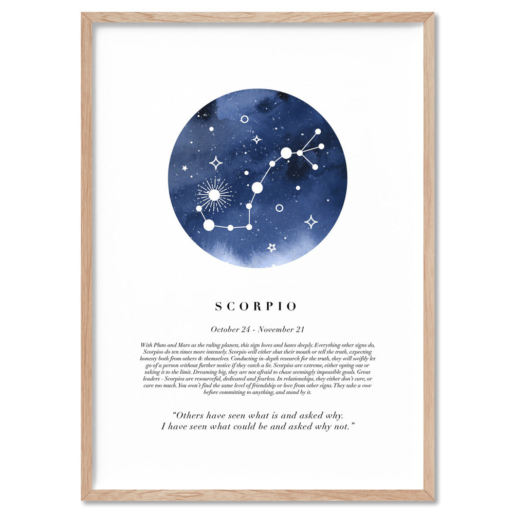 Scorpio Star Sign | Watercolour Circle - Art Print, Poster, Stretched Canvas, or Framed Wall Art Print, shown in a natural timber frame