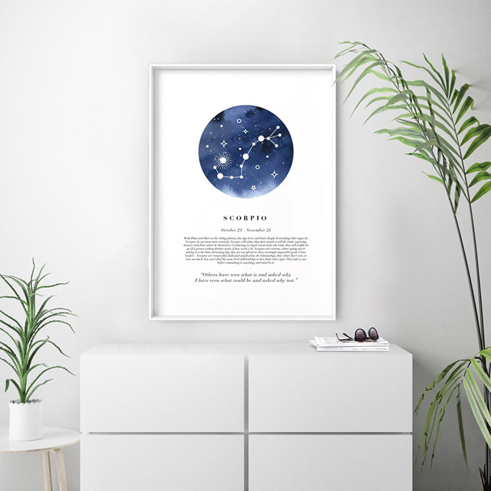 Scorpio Star Sign | Watercolour Circle - Art Print, Poster, Stretched Canvas or Framed Wall Art, shown framed in a room