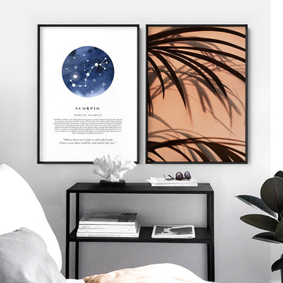 Scorpio Star Sign | Watercolour Circle - Art Print, Poster, Stretched Canvas or Framed Wall Art, shown framed in a home interior space