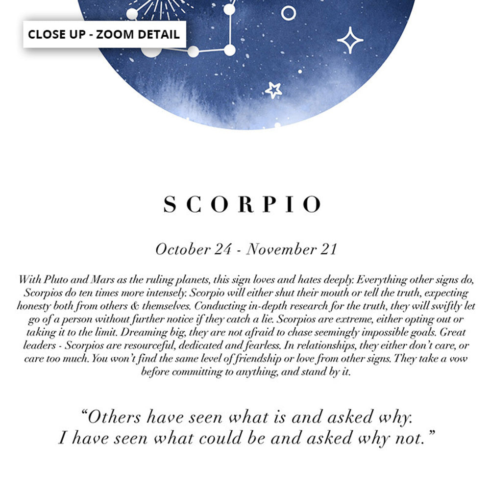 Scorpio Star Sign | Watercolour Circle - Art Print, Poster, Stretched Canvas or Framed Wall Art, Close up View of Print Resolution