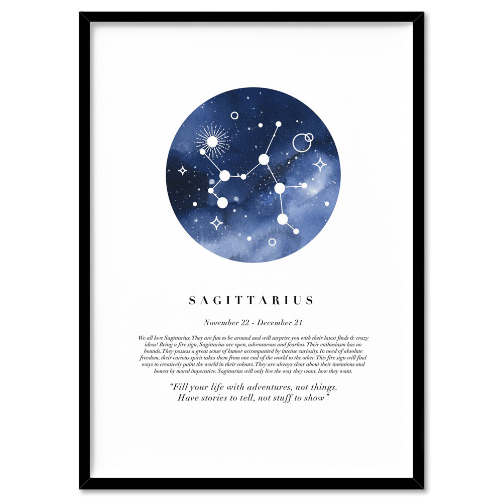 Sagittarius Star Sign | Watercolour Circle - Art Print, Poster, Stretched Canvas, or Framed Wall Art Print, shown in a black frame