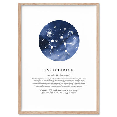 Sagittarius Star Sign | Watercolour Circle - Art Print, Poster, Stretched Canvas, or Framed Wall Art Print, shown in a natural timber frame